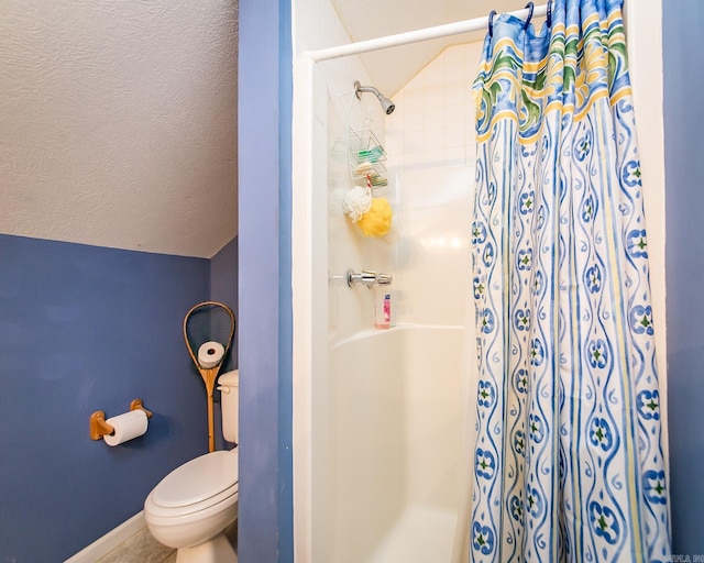 420 Shadow Ln, Clinton, AR 72031 - bathroom featuring vaulted ceiling, a shower with curtain, toilet, and baseboards