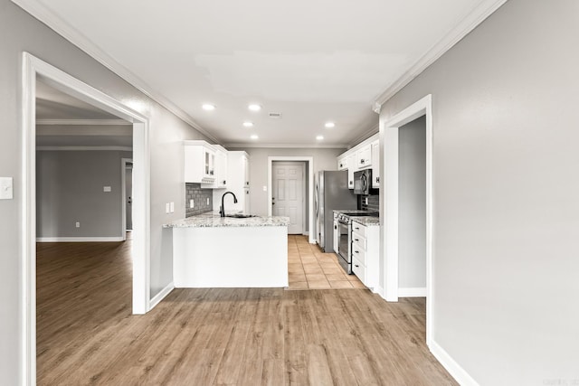2340 Morning Glory, Conway, AR 72034 - kitchen with stainless steel appliances, a sink, white cabinetry, ornamental molding, and baseboards
