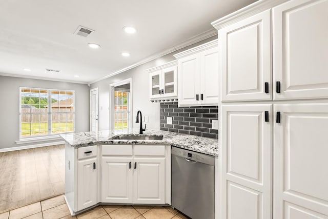 2340 Morning Glory, Conway, AR 72034 - kitchen featuring dishwasher, a sink, ornamental molding, white cabinets, and a peninsula