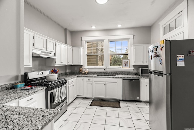 1905 S Battery St, Little Rock, AR 72202 - kitchen with appliances with stainless steel finishes, under cabinet range hood, a sink, white cabinets, and recessed lighting