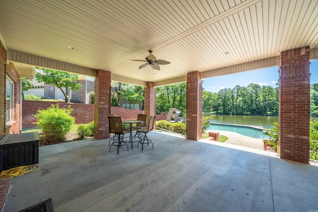 20 Stonegate, Hot Springs, AR 71913 - view of patio with a ceiling fan, an outdoor pool, outdoor dining area, and a water view