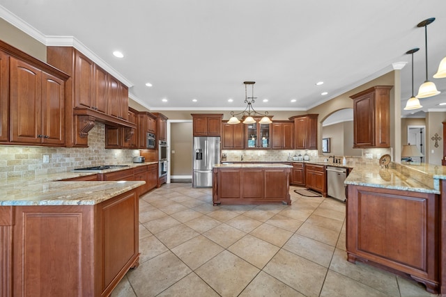 20 Stonegate, Hot Springs, AR 71913 - kitchen with stainless steel appliances, tasteful backsplash, a peninsula, light tile patterned flooring, and light stone counters