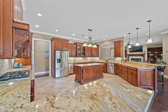 20 Stonegate, Hot Springs, AR 71913 - kitchen featuring appliances with stainless steel finishes, a fireplace, backsplash, a peninsula, and crown molding