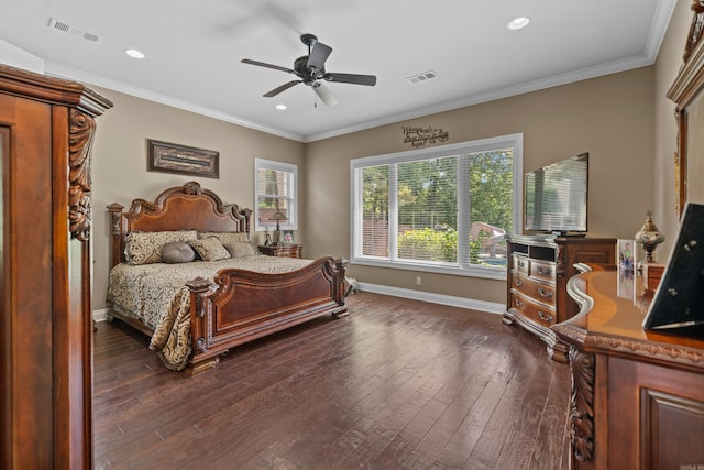 20 Stonegate, Hot Springs, AR 71913 - bedroom featuring baseboards, dark wood-type flooring, crown molding, recessed lighting, and a ceiling fan