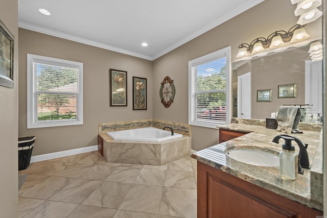 20 Stonegate, Hot Springs, AR 71913 - full bathroom with crown molding, vanity, a bath, baseboards, and recessed lighting