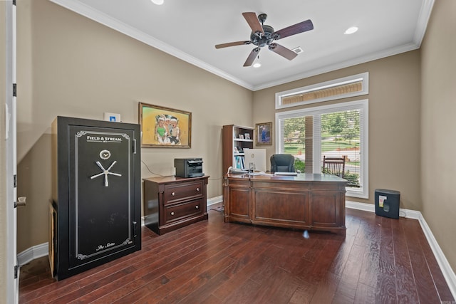 20 Stonegate, Hot Springs, AR 71913 - office with dark wood-style flooring, baseboards, ornamental molding, a ceiling fan, and recessed lighting
