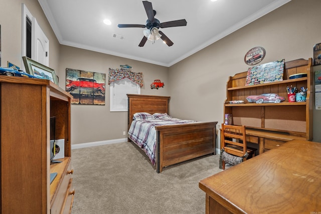 20 Stonegate, Hot Springs, AR 71913 - bedroom with light colored carpet, ornamental molding, baseboards, and ceiling fan