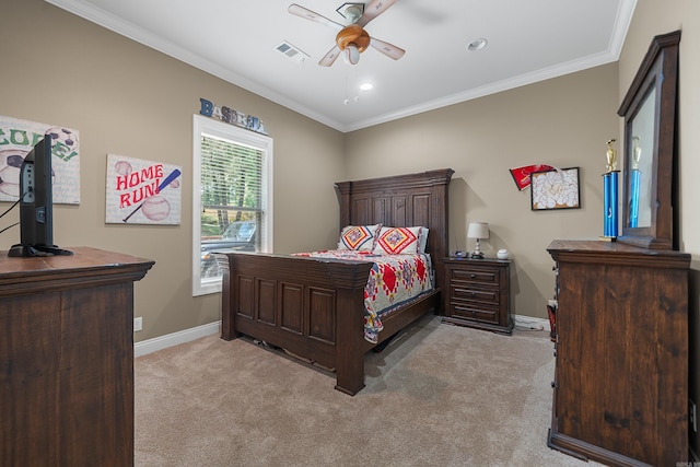 20 Stonegate, Hot Springs, AR 71913 - bedroom featuring light colored carpet, baseboards, crown molding, a ceiling fan, and recessed lighting