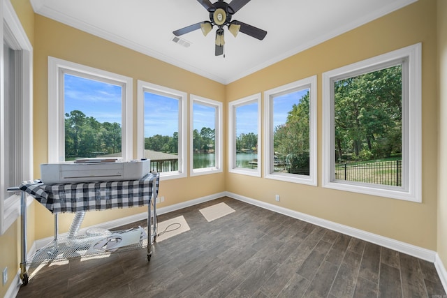 20 Stonegate, Hot Springs, AR 71913 - unfurnished sunroom with baseboards, ornamental molding, wood finished floors, and a water view