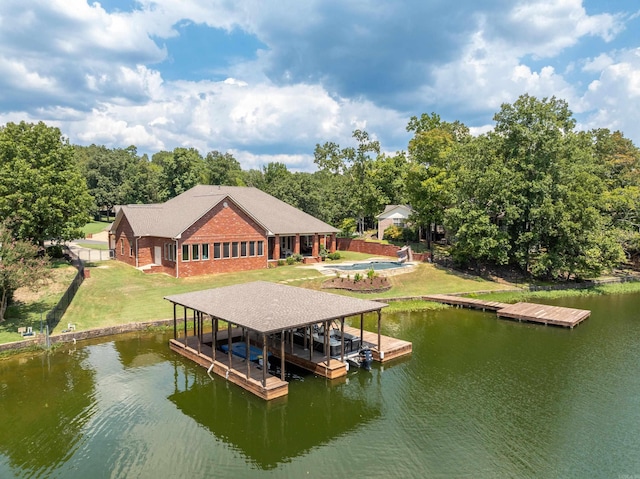 20 Stonegate, Hot Springs, AR 71913 - dock area with a water view, boat lift, a lawn, and a swimming pool