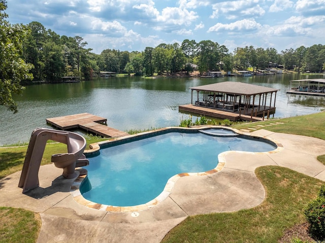 20 Stonegate, Hot Springs, AR 71913 - view of pool featuring a dock, a water view, a water slide, and a pool with connected hot tub