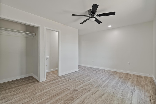 unfurnished bedroom with light wood-type flooring, baseboards, a closet, ceiling fan, and recessed lighting