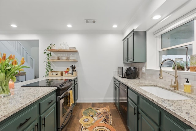 4911 B St, Little Rock, AR 72205 - kitchen featuring green cabinetry, stainless steel range with electric stovetop, a sink, ornamental molding, and dishwasher