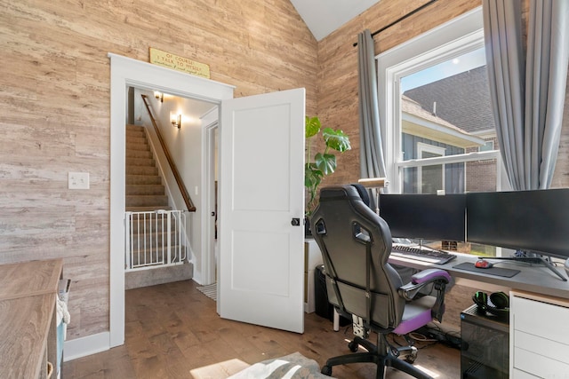 5101 Peace Ln, Alexander, AR 72002 - office featuring wood walls, lofted ceiling, and wood finished floors