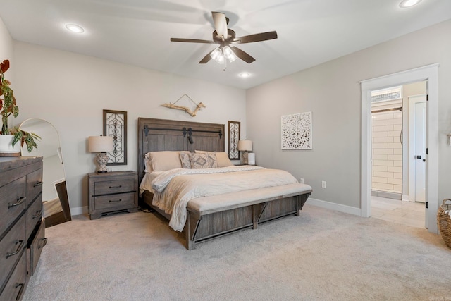 5101 Peace Ln, Alexander, AR 72002 - bedroom with light colored carpet, baseboards, recessed lighting, a ceiling fan, and ensuite bathroom