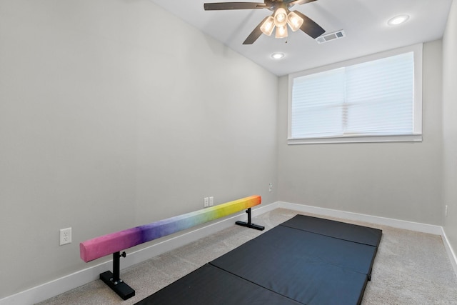 5101 Peace Ln, Alexander, AR 72002 - workout room with a ceiling fan, baseboards, carpet, and recessed lighting