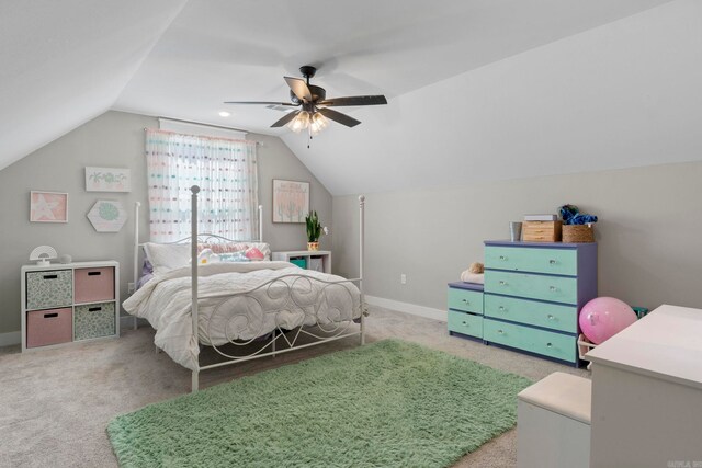 5101 Peace Ln, Alexander, AR 72002 - bedroom featuring carpet flooring, vaulted ceiling, baseboards, and ceiling fan