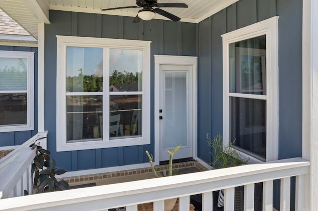 5101 Peace Ln, Alexander, AR 72002 - doorway to property featuring ceiling fan and board and batten siding