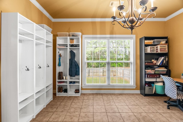 121 Lily Dr, Maumelle, AR 72113 - mudroom featuring ornamental molding, a chandelier, tile patterned flooring, and baseboards