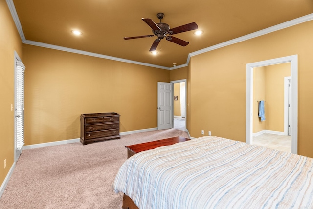 121 Lily Dr, Maumelle, AR 72113 - carpeted bedroom with crown molding, recessed lighting, baseboards, and ceiling fan
