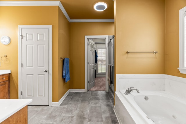 121 Lily Dr, Maumelle, AR 72113 - bathroom with vanity, crown molding, a tub with jets, a shower stall, and baseboards