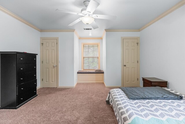 121 Lily Dr, Maumelle, AR 72113 - carpeted bedroom featuring crown molding, baseboards, and ceiling fan