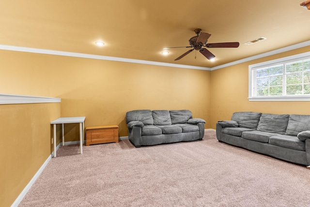 121 Lily Dr, Maumelle, AR 72113 - carpeted living room with baseboards, a ceiling fan, crown molding, and recessed lighting