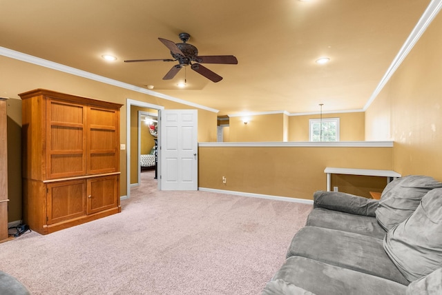 121 Lily Dr, Maumelle, AR 72113 - carpeted living room with a ceiling fan, ornamental molding, baseboards, and recessed lighting