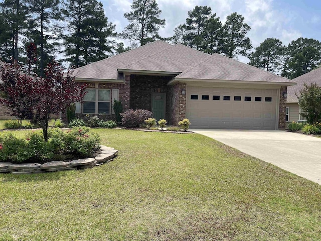view of front facade with an attached garage, brick siding, concrete driveway, a front yard, and a shingled roof