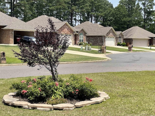 view of grassy yard featuring a garage, driveway, and cooling unit