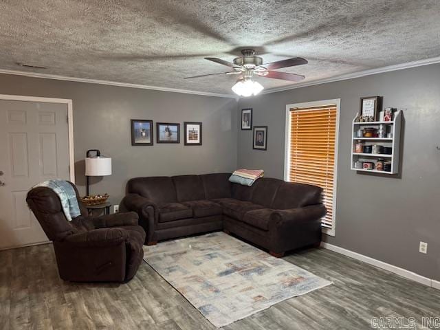 21 Emma Dr, Pocahontas, AR 72455 - living area featuring wood finished floors, ornamental molding, a ceiling fan, a textured ceiling, and baseboards