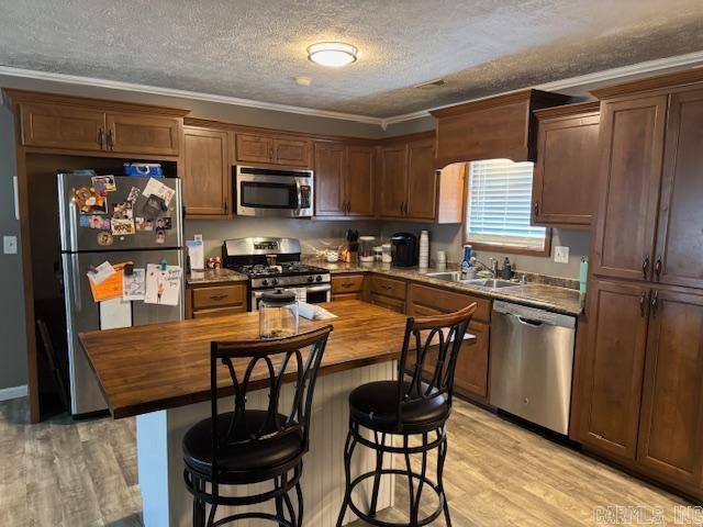 21 Emma Dr, Pocahontas, AR 72455 - kitchen with appliances with stainless steel finishes, butcher block counters, light wood-style floors, a sink, and a textured ceiling