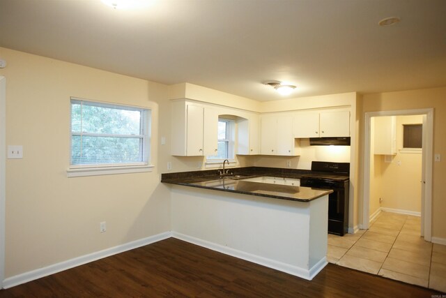 6914 Juniper Rd, Little Rock, AR 72209 - kitchen featuring black gas stove, a peninsula, dark countertops, white cabinetry, and a sink