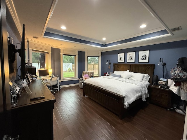 3117 Stonehenge Dr, Searcy, AR 72143 - bedroom with a tray ceiling, ornamental molding, dark wood finished floors, an office area, and recessed lighting
