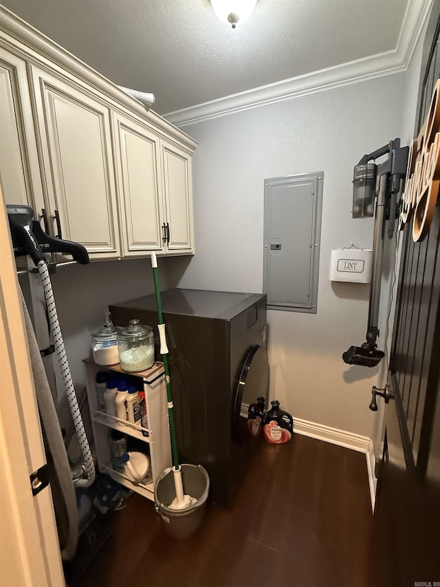 3117 Stonehenge Dr, Searcy, AR 72143 - laundry area with electric panel, ornamental molding, washer / clothes dryer, wood finished floors, and baseboards