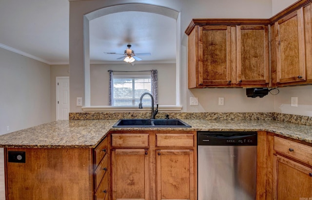106 Venezia Ln, Maumelle, AR 72113 - kitchen featuring stainless steel dishwasher, a sink, ornamental molding, a ceiling fan, and brown cabinetry