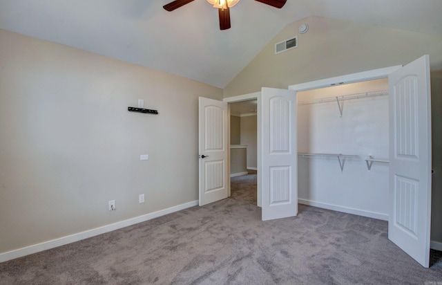 106 Venezia Ln, Maumelle, AR 72113 - unfurnished bedroom featuring carpet flooring, a closet, ceiling fan, high vaulted ceiling, and baseboards