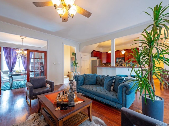 14 Woodridge Dr, Little Rock, AR 72204 - living room featuring crown molding, hardwood / wood-style floors, a ceiling fan, and baseboards