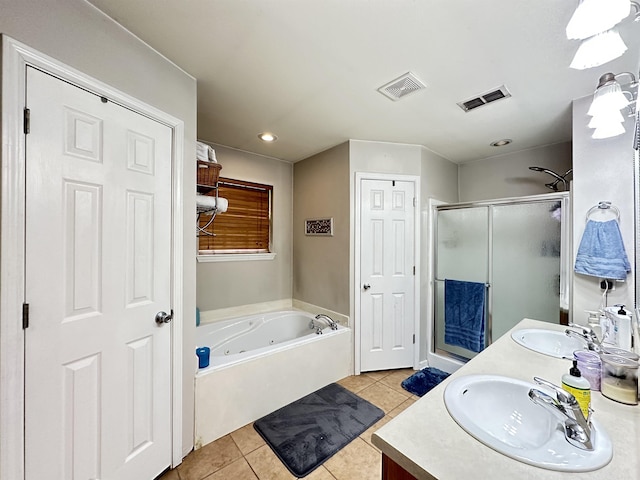 1041 Slatecreek Way, Lonsdale, AR 72087 - full bathroom with tile patterned floors, a shower stall, double vanity, a bath, and recessed lighting