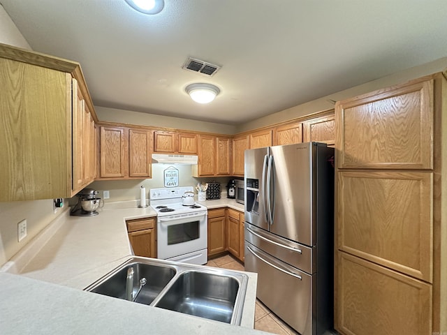 1041 Slatecreek Way, Lonsdale, AR 72087 - kitchen featuring stainless steel refrigerator with ice dispenser, white electric stove, a sink, light tile patterned floors, and under cabinet range hood