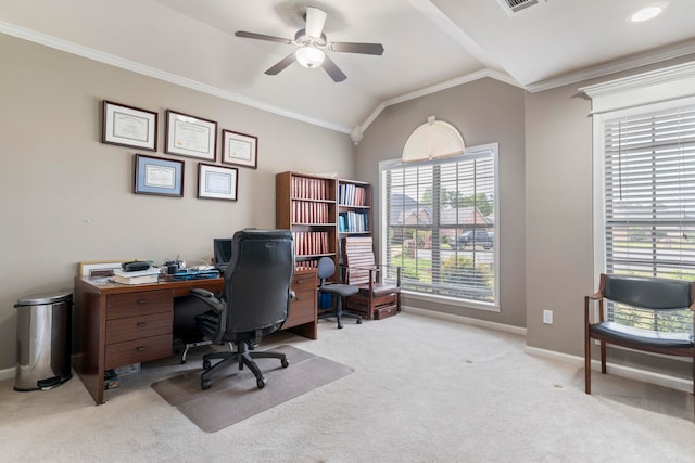 223 Maranes Cir, Maumelle, AR 72113 - home office featuring carpet floors, ceiling fan, crown molding, vaulted ceiling, and baseboards