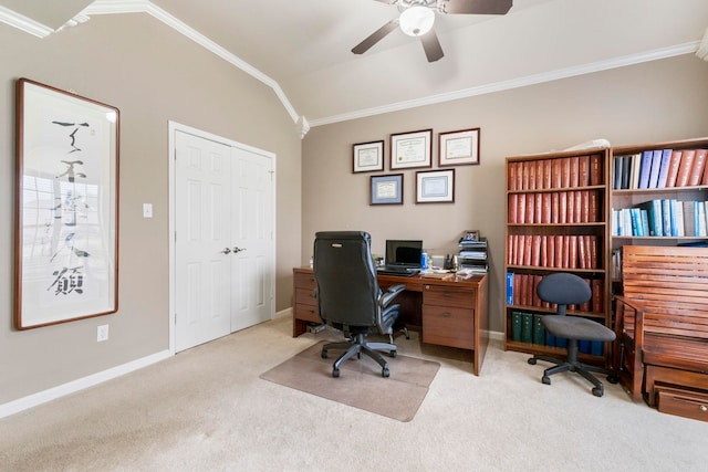 223 Maranes Cir, Maumelle, AR 72113 - home office with crown molding, light carpet, ceiling fan, baseboards, and lofted ceiling