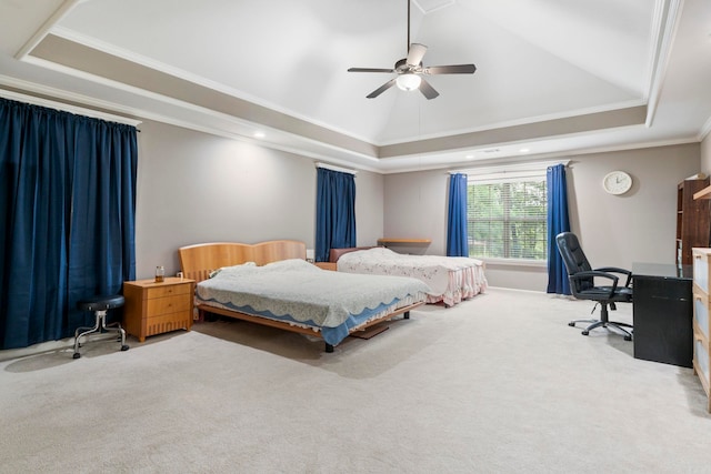 223 Maranes Cir, Maumelle, AR 72113 - carpeted bedroom with an office area, a ceiling fan, high vaulted ceiling, ornamental molding, and a raised ceiling