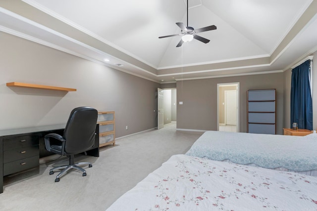 223 Maranes Cir, Maumelle, AR 72113 - bedroom featuring light carpet, vaulted ceiling, baseboards, crown molding, and an office area