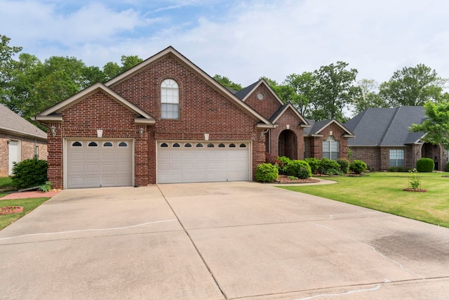 223 Maranes Cir, Maumelle, AR 72113 - traditional-style home featuring brick siding, concrete driveway, a front lawn, and a garage