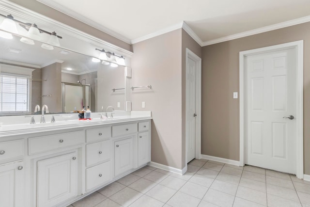 223 Maranes Cir, Maumelle, AR 72113 - bathroom featuring a shower stall, double vanity, tile patterned flooring, ornamental molding, and baseboards