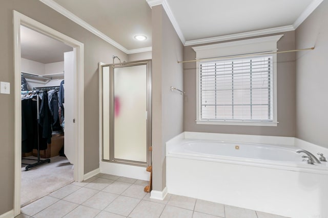 223 Maranes Cir, Maumelle, AR 72113 - full bath with a stall shower, a garden tub, crown molding, a spacious closet, and tile patterned flooring