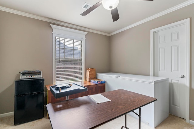 223 Maranes Cir, Maumelle, AR 72113 - office area featuring a ceiling fan, light carpet, crown molding, and baseboards