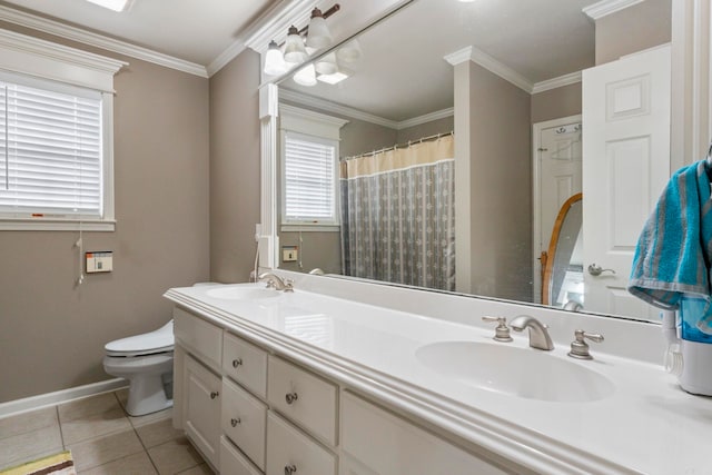223 Maranes Cir, Maumelle, AR 72113 - full bathroom featuring toilet, tile patterned flooring, baseboards, double vanity, and crown molding