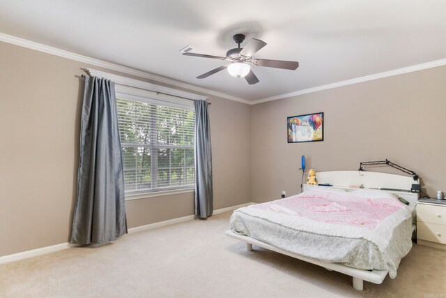 223 Maranes Cir, Maumelle, AR 72113 - carpeted bedroom featuring crown molding, baseboards, and a ceiling fan